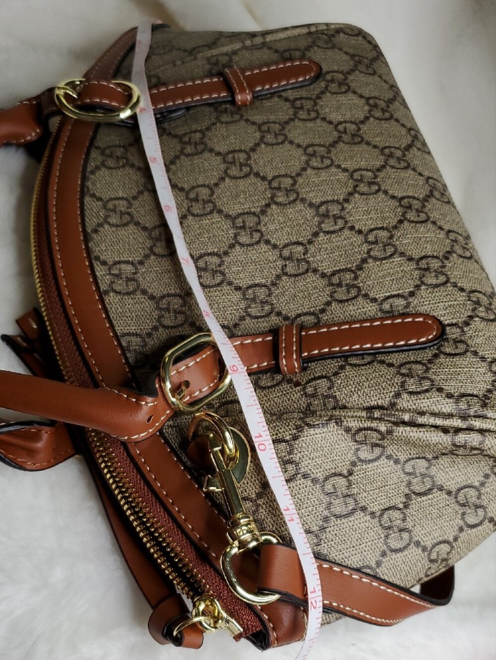 GG Collection Brown GG Monogram Crossbody Satchel with Tan Trim - Picture 9 of 11